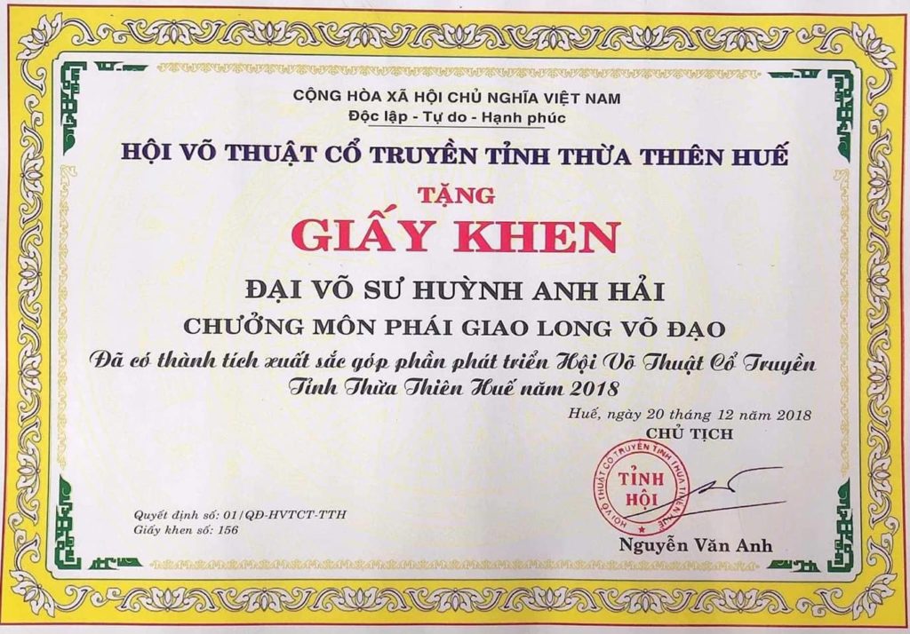 Bằng Khen của Hội Võ Thuật Cổ Tuyền tỉnh Thừa Thiên Huế cấp cho Võ Sư Huỳnh Anh Hải